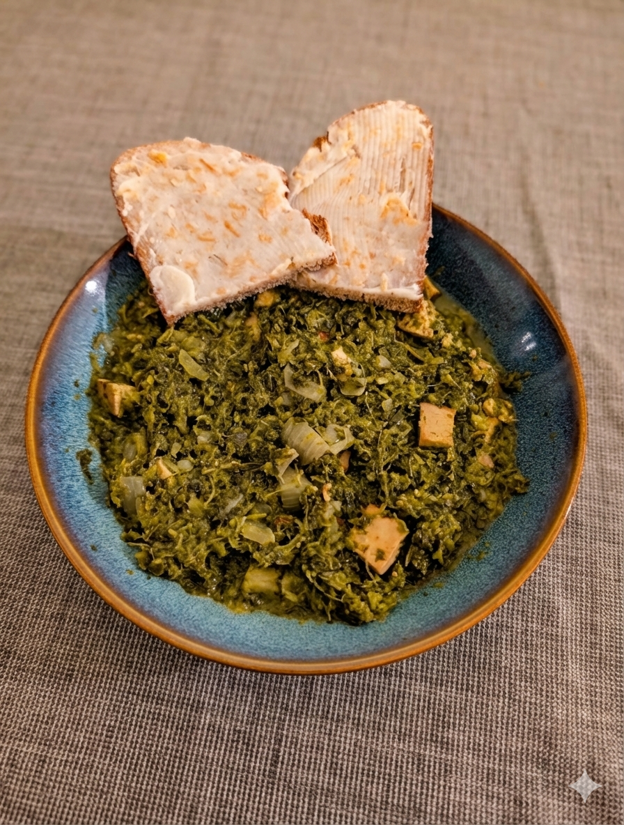 Eine leicht erhöhte Aufnahme einer blauen Keramikschüssel, gefüllt mit deftigem Grünkohleintopf, durchzogen von Zwiebeln und würfeligen Stücken. Darauf liegen fächerartig zwei Scheiben Graubrot, die dick mit Schmalz bestrichen sind. Die Schüssel steht auf einem grauen Stoff-Tischset.